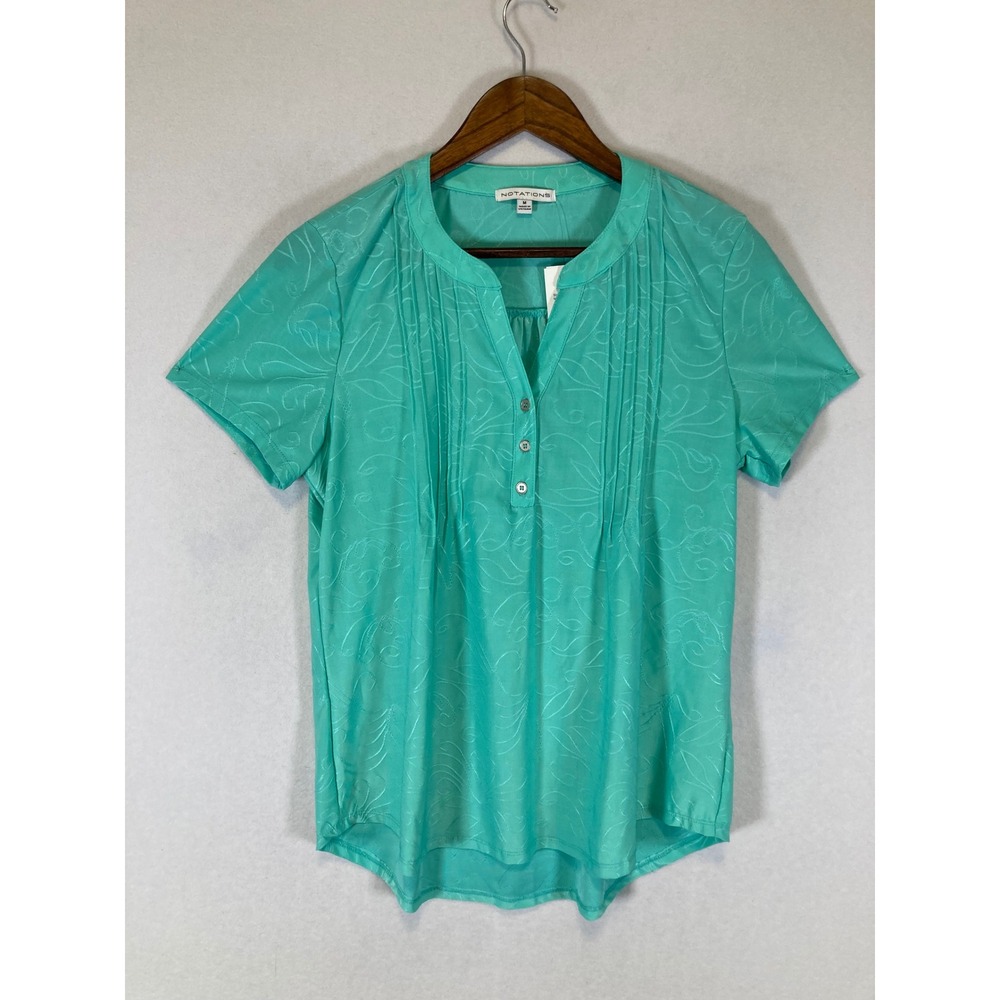Business Casual NWT Notations Womens Med Teal Short Sleeve Jacquard Pleat Blouse